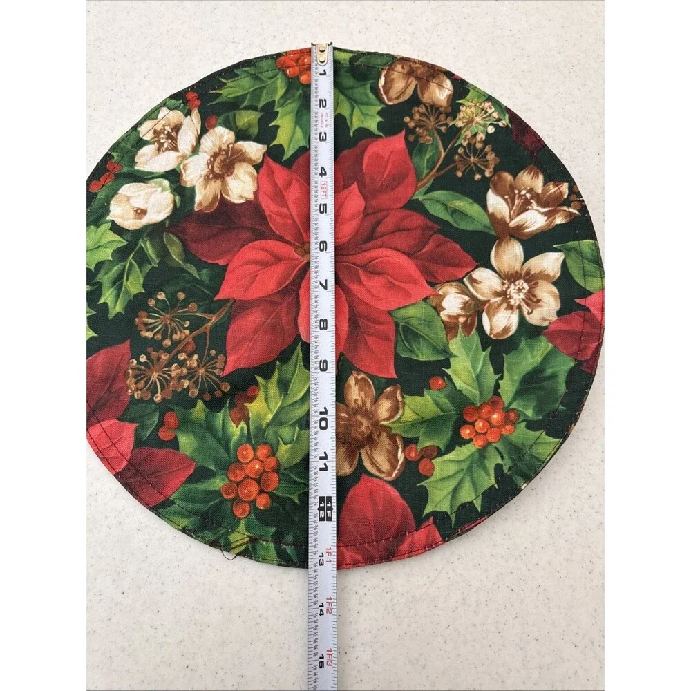 Vintage 6 Piece Handmade Cloth Christmas Poinsettia Print Placemat Set & Center